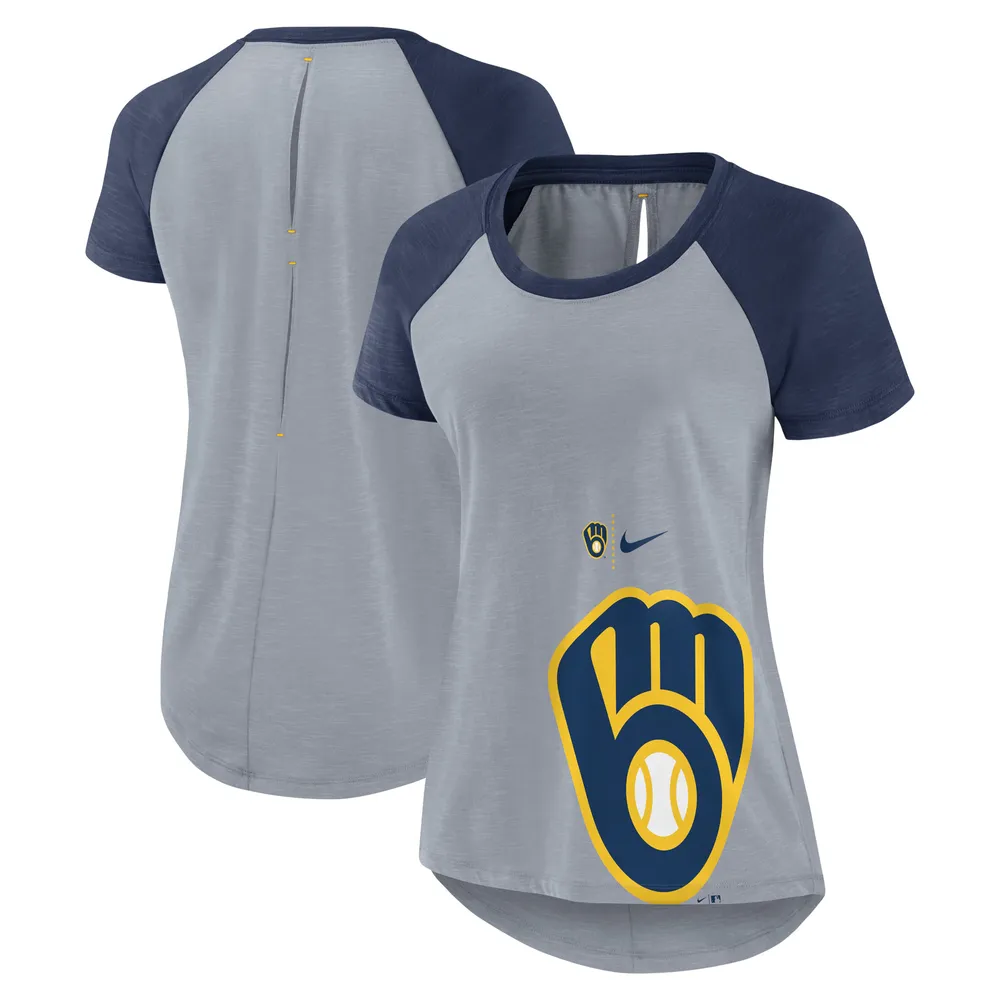 T-shirt à manches raglan Nike Milwaukee Brewers Summer Breeze pour femme, gris chiné