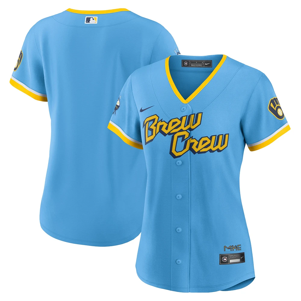 Maillot de l'équipe réplique Nike Milwaukee Brewers City Connect Replica pour femme, bleu poudre