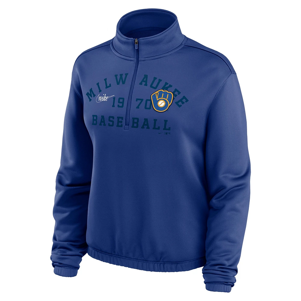 Women's Nike Royal Milwaukee Brewers Rewind Splice Half-Zip Semi-Cropped Bubble Hem Sweatshirt