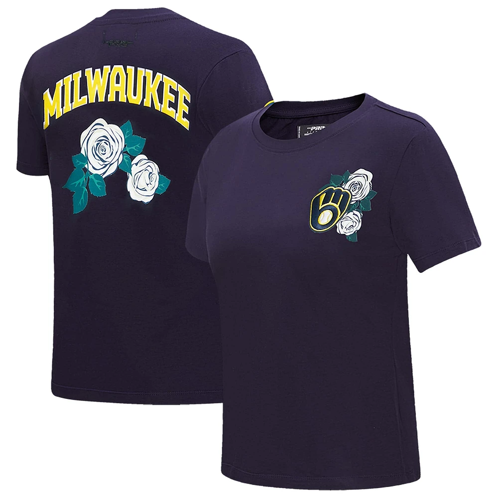 Women's Pro Standard Navy Milwaukee Brewers Roses Fitted T-Shirt