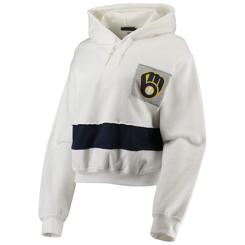 Women's Refried Apparel White/Navy Milwaukee Brewers Cropped Pullover Hoodie