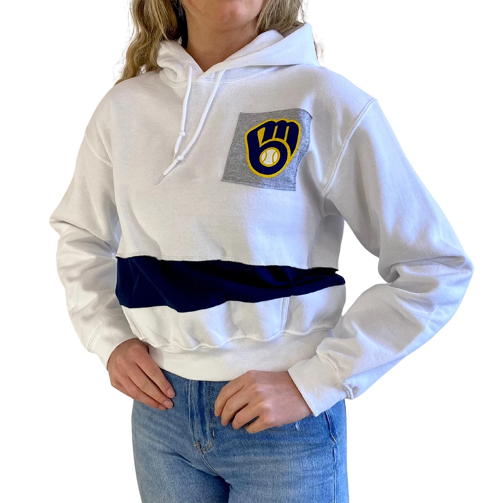 Women's Refried Apparel White/Navy Milwaukee Brewers Cropped Pullover Hoodie