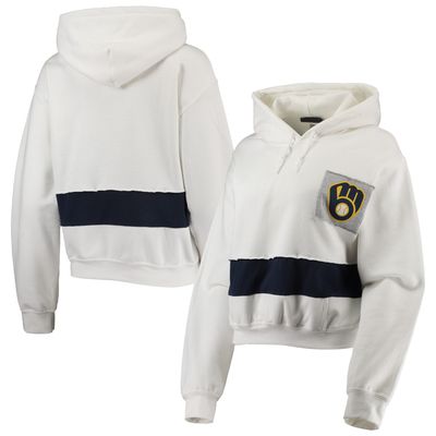 Women's Refried Apparel White/Navy Milwaukee Brewers Cropped Pullover Hoodie