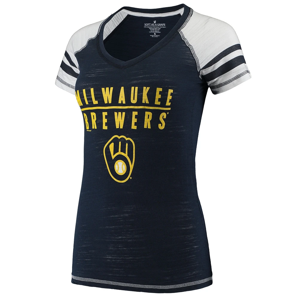 T-shirt à col en V blocs de couleurs pour femmes, doux comme un raisin, bleu marine, Milwaukee Brewers