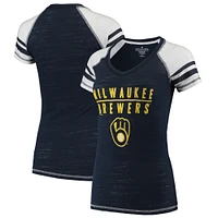 T-shirt à col en V blocs de couleurs pour femmes, doux comme un raisin, bleu marine, Milwaukee Brewers