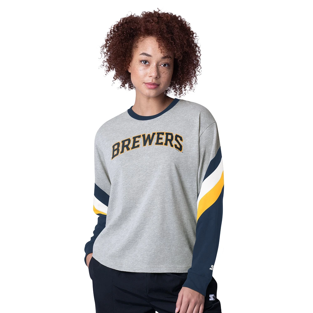 Haut A manches longues blocs de couleurs pour femme Starter Heather Gray Milwaukee Brewers Triple Fashion