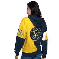 Women's Starter Navy/Gold Milwaukee Brewers Curve Ball Full Zip Hoodie Sweatshirt