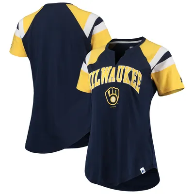 Milwaukee Brewers Starter Women's Game On Notch Neck Raglan T-Shirt - Navy/Gold