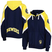 Women's Starter Navy/Gold Milwaukee Brewers Hail Mary Full-Zip Hoodie