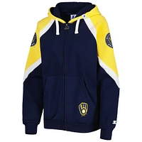 Women's Starter Navy/Gold Milwaukee Brewers Hail Mary Full-Zip Hoodie