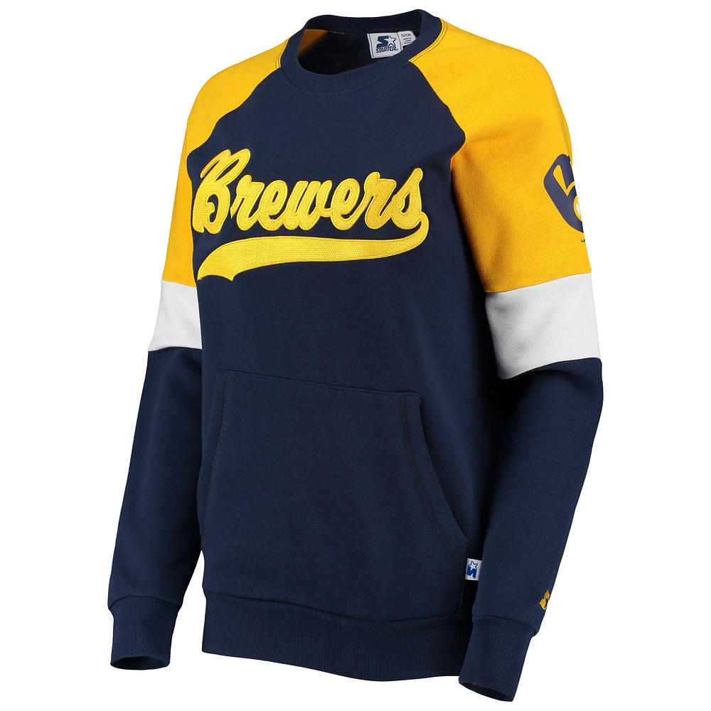 Sweat-shirt à enfiler raglan Starter pour femme des Milwaukee Brewers Playmaker bleu marine/doré