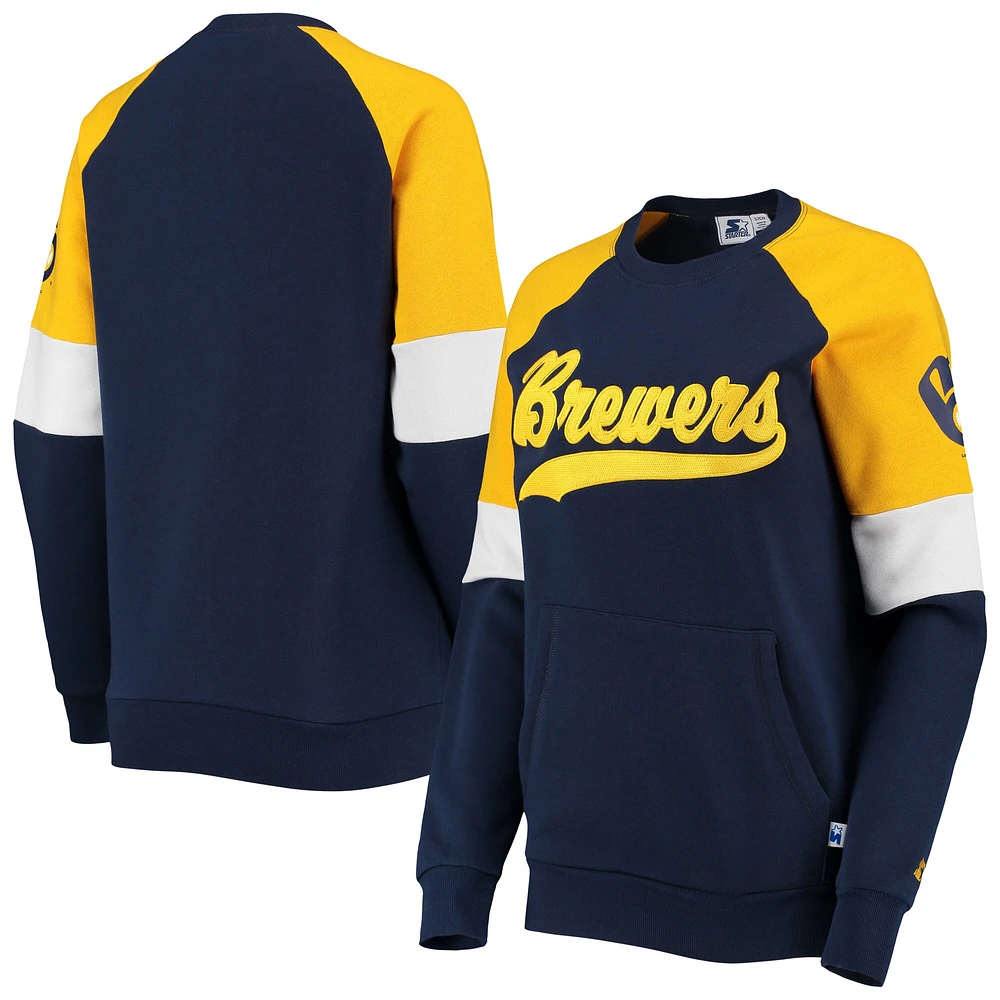 Women's Starter Navy/Gold Milwaukee Brewers Playmaker Raglan Pullover Sweatshirt