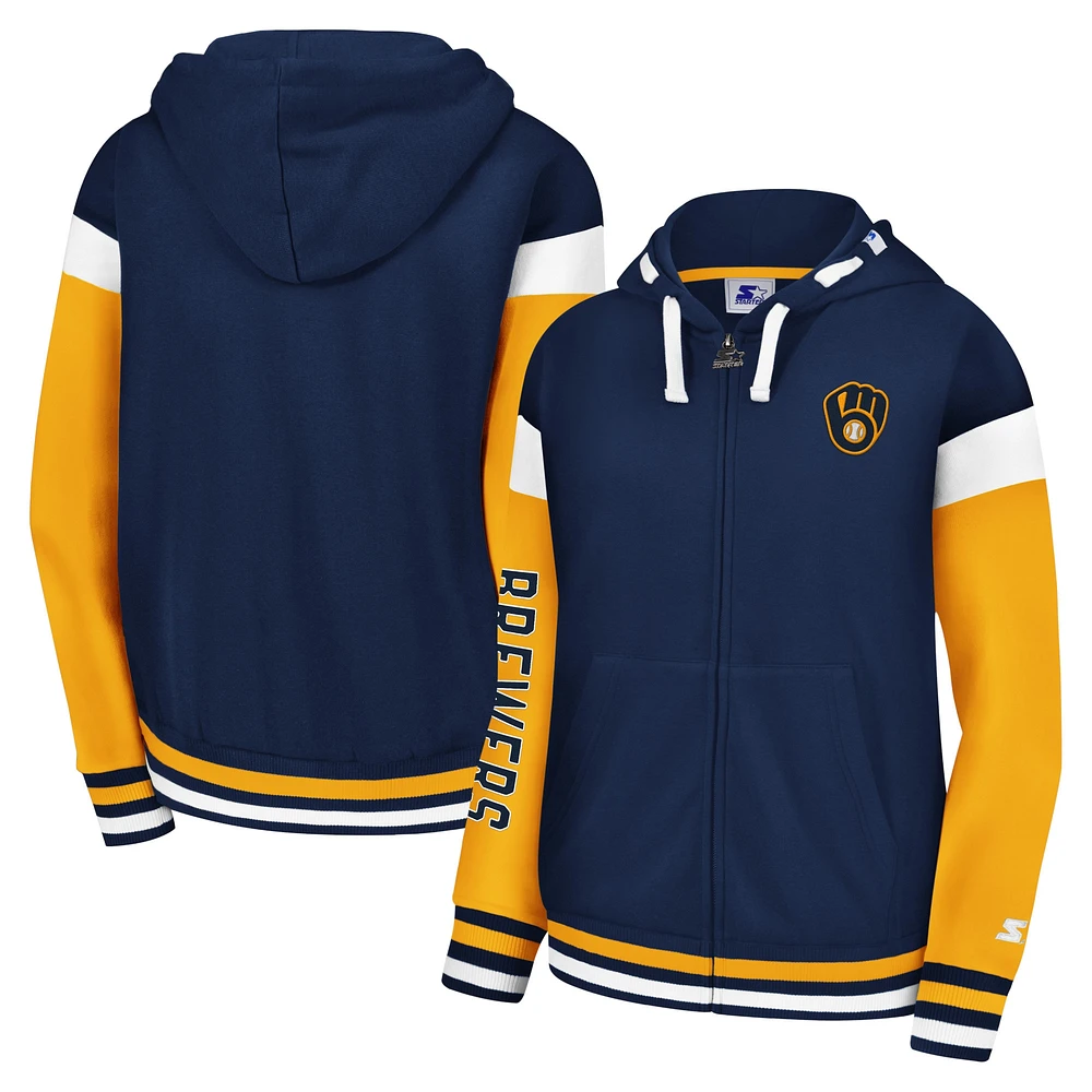 Sweat à capuche entièrement zippé Starter Navy Milwaukee Brewers Homestretch pour femmes