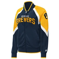 Veste de survêtement à glissière intégrale pour femme Starter Navy Milwaukee Brewers Touchdown Raglan