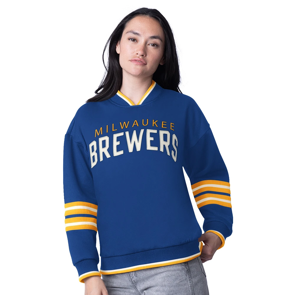 Women's Starter Royal Milwaukee Brewers Wild Card Oversized Pullover Sweatshirt