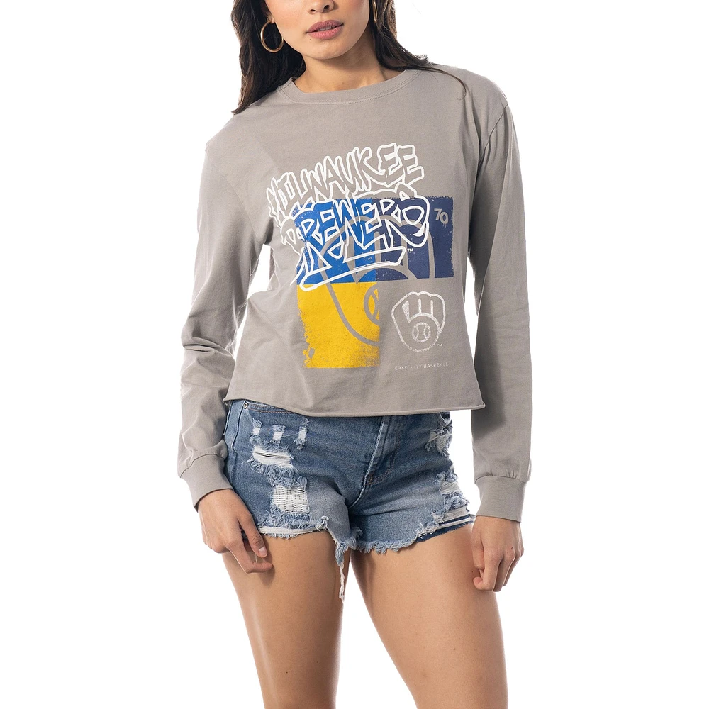 Women's The Wild Collective Gray Milwaukee Brewers Cropped Long Sleeve T-Shirt