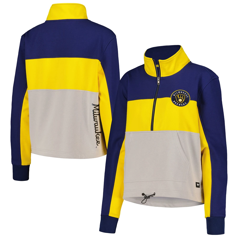 Veste pour femme The Wild Collective Navy/Gold Milwaukee Brewers Colorblock 1/4 Zip