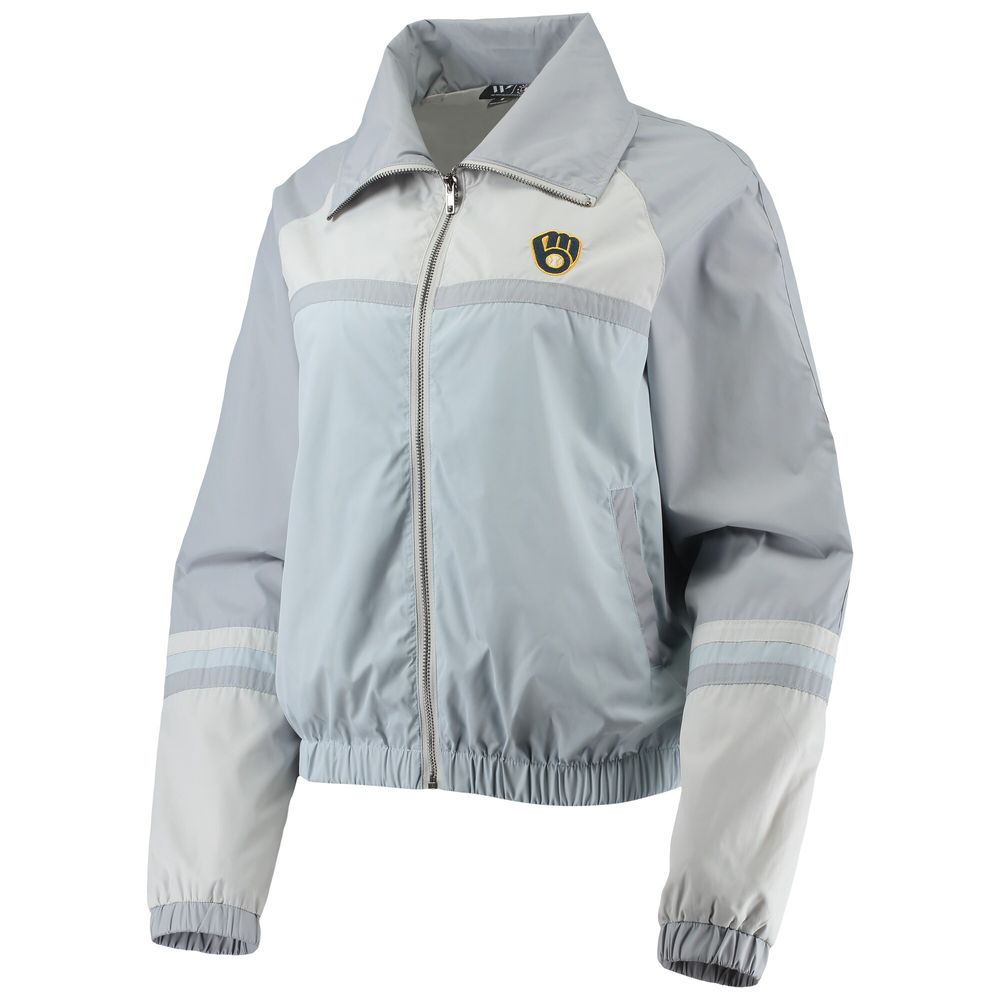 Women's The Wild Collective Navy Milwaukee Brewers Colorblock Track Raglan Full-Zip Jacket