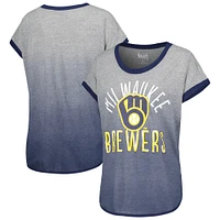 T-shirt à manches courtes en trois mélanges pour femme Touch gris/bleu marine Milwaukee Brewers Home Run