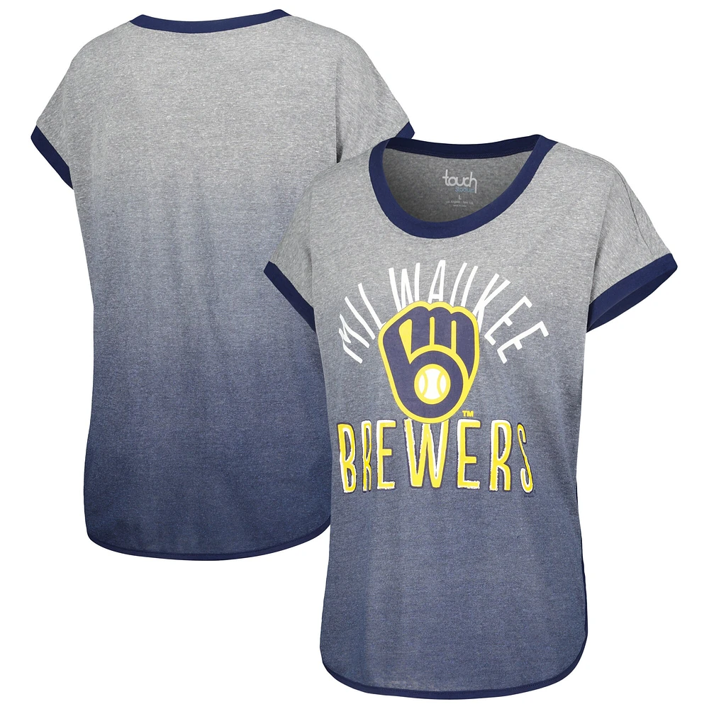 T-shirt à manches courtes en trois mélanges pour femme Touch gris/bleu marine Milwaukee Brewers Home Run