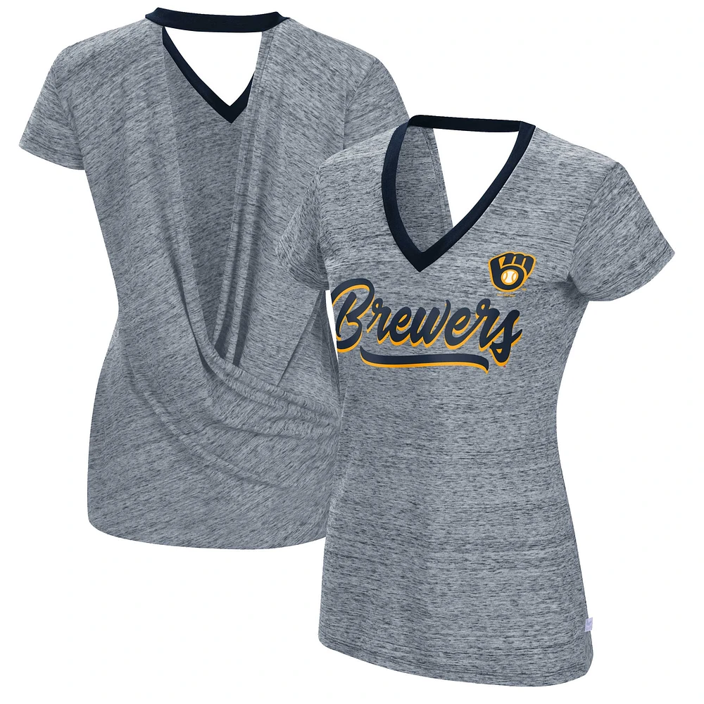 Women's Touch Navy Milwaukee Brewers Halftime Back Wrap Top V-Neck T-Shirt