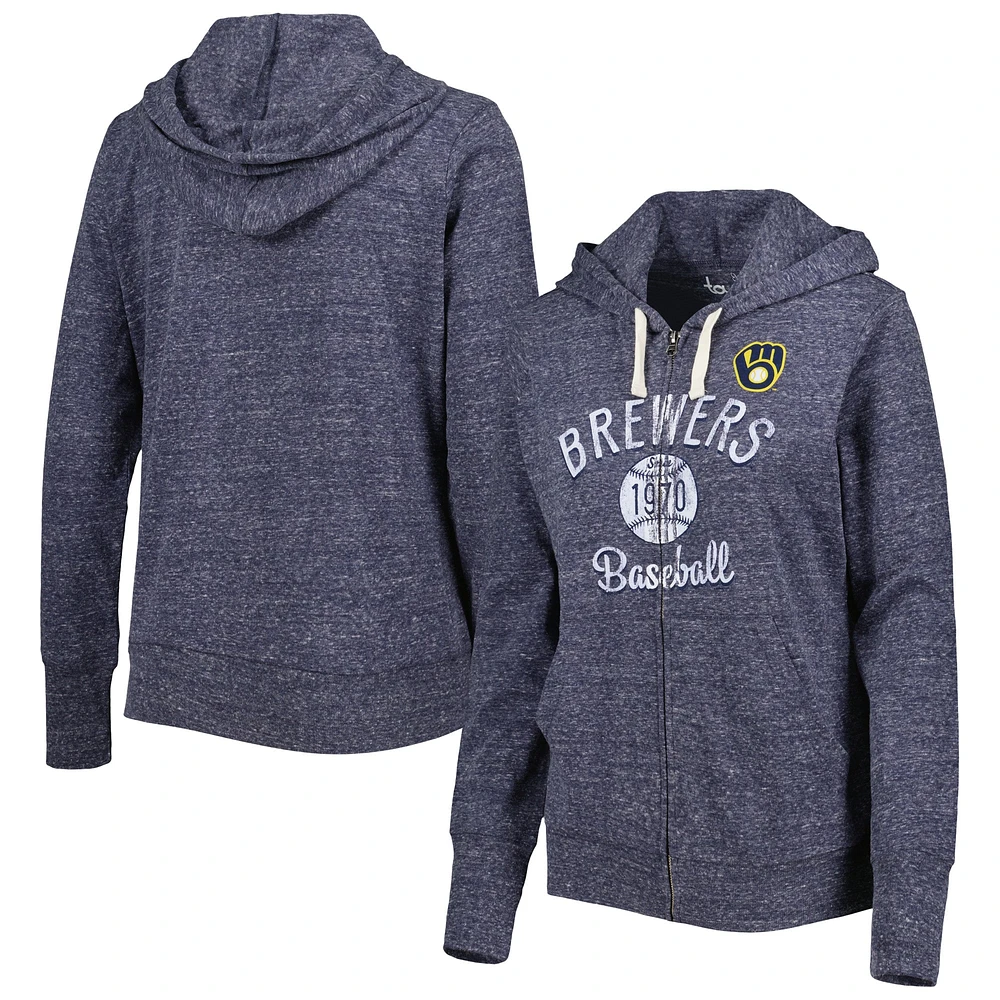 Women's Touch Navy Milwaukee Brewers Training Camp Tri-Blend Lightweight Full-Zip Hoodie