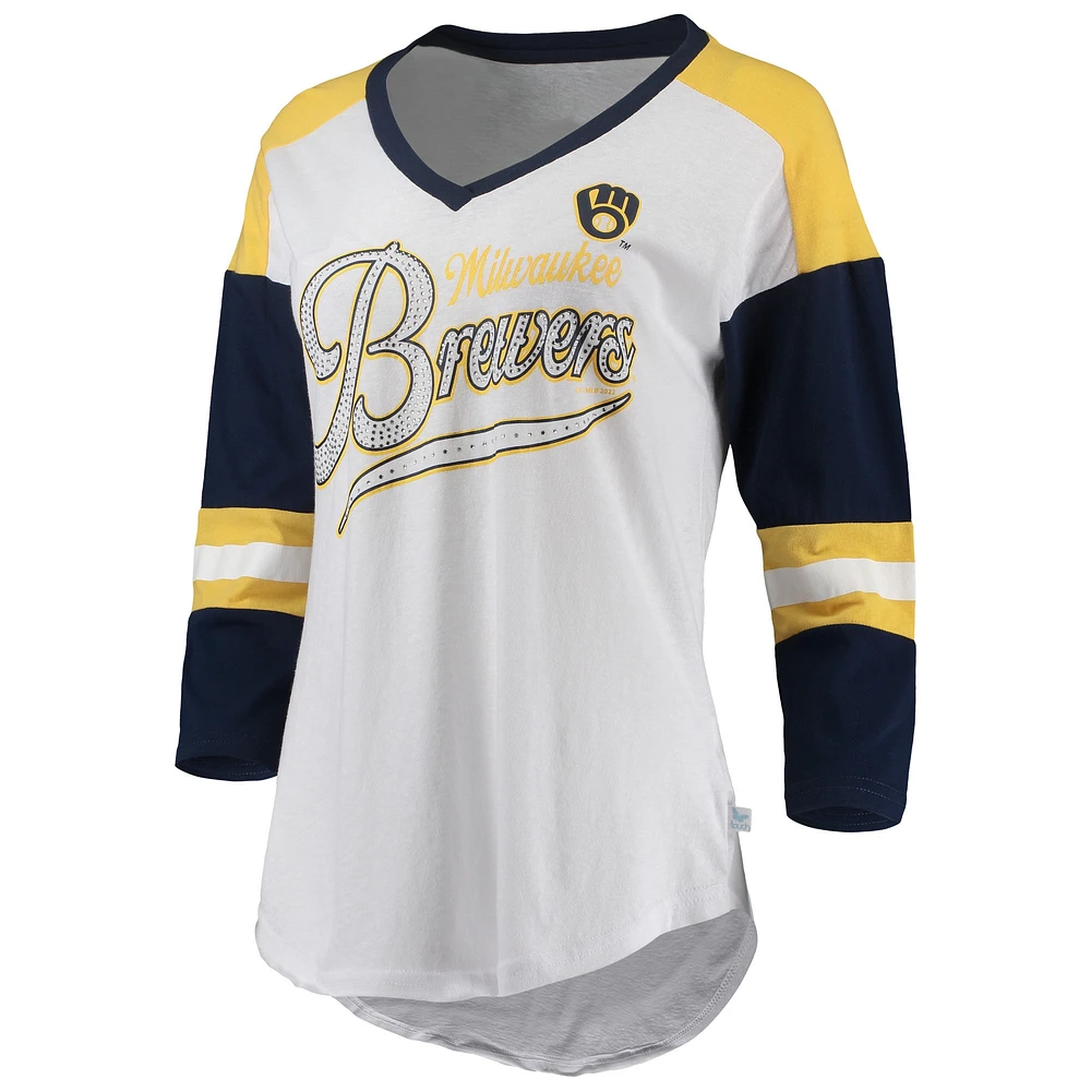 Women's Touch White/Navy Milwaukee Brewers Base Runner 3/4-Sleeve V-Neck T-Shirt