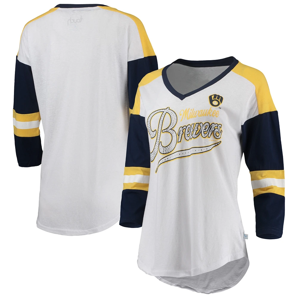 T-shirt à manches 3/4 et col en V pour femmes Touch White/Navy Milwaukee Brewers Base Runner