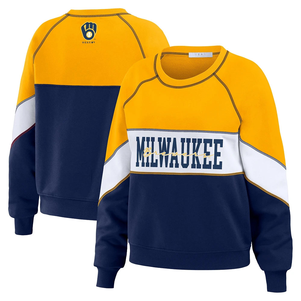 Women's WEAR by Erin Andrews Gold/Navy Milwaukee Brewers Color Block Crew Neck Pullover Sweatshirt