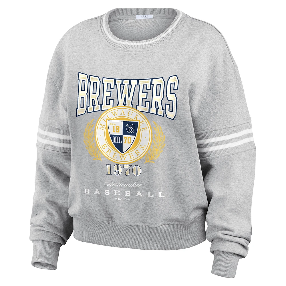 Women's WEAR by Erin Andrews Heather Gray Milwaukee Brewers Domestic Crest Pullover Sweatshirt