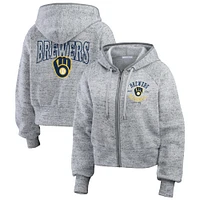 Sweat à capuche court en polaire moucheté et zippé Heather Gray Milwaukee Brewers pour femme par Erin Andrews