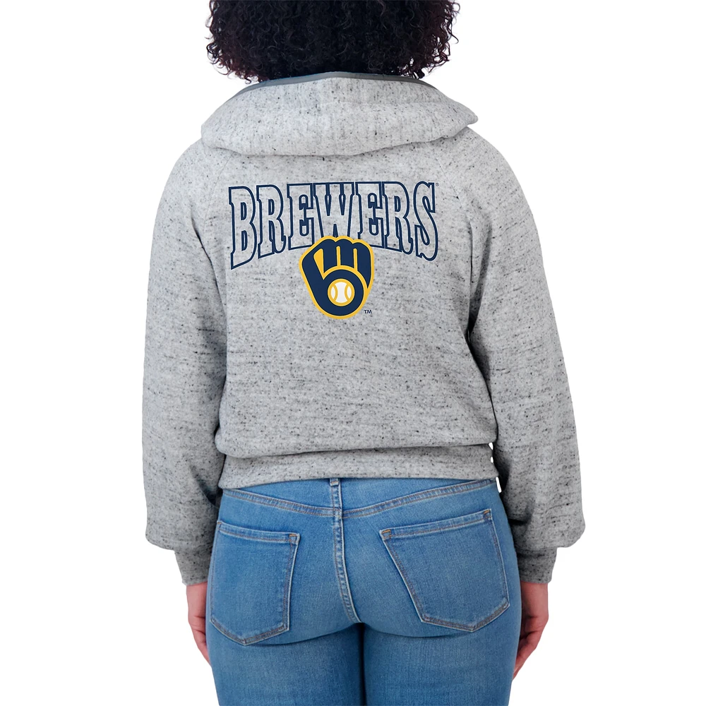 Sweat à capuche court en polaire moucheté et zippé Heather Gray Milwaukee Brewers pour femme par Erin Andrews