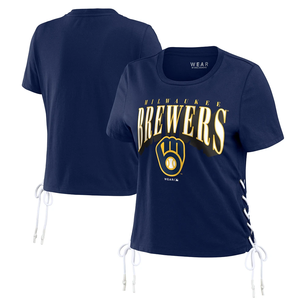 T-shirt court à lacets sur le côté des Milwaukee Brewers WEAR by Erin Andrews pour femmes, bleu marine