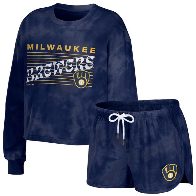 Ensemble pour femme WEAR by Erin Andrews Bleu marine Milwaukee Brewers Sweat-shirt court et short à enfiler tie-dye