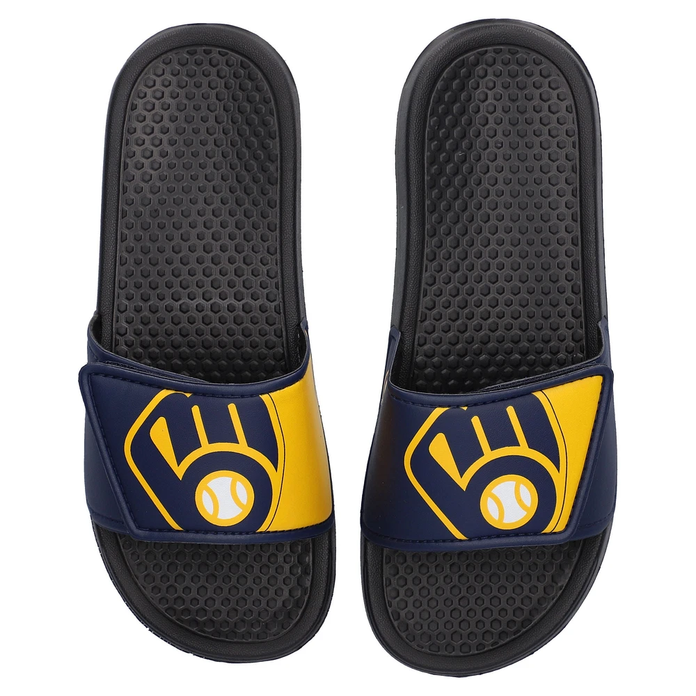 Youth FOCO Milwaukee Brewers Colorblock Big Logo Legacy Slide Sandals