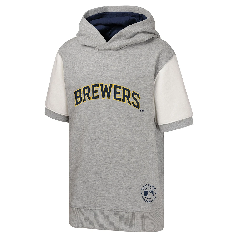 Youth  Heather Gray Milwaukee Brewers Line Up Short Sleeve Pullover Hoodie
