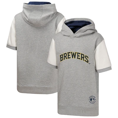 Youth  Heather Gray Milwaukee Brewers Line Up Short Sleeve Pullover Hoodie