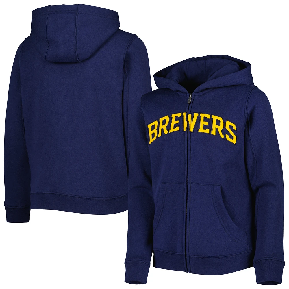 Youth Navy Milwaukee Brewers Wordmark Full-Zip Fleece Hoodie