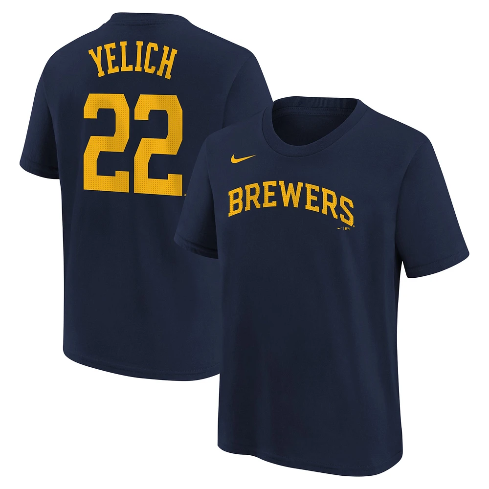 T-shirt avec nom et numéro du joueur Nike Christian Yelich pour jeunes des Milwaukee Brewers, bleu marine