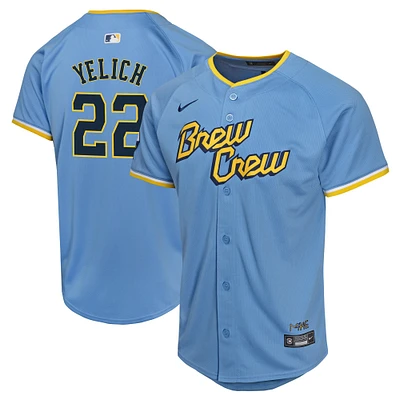 Maillot de joueur Nike Christian Yelich pour jeunes, bleu poudre, Milwaukee Brewers City Connect Limited