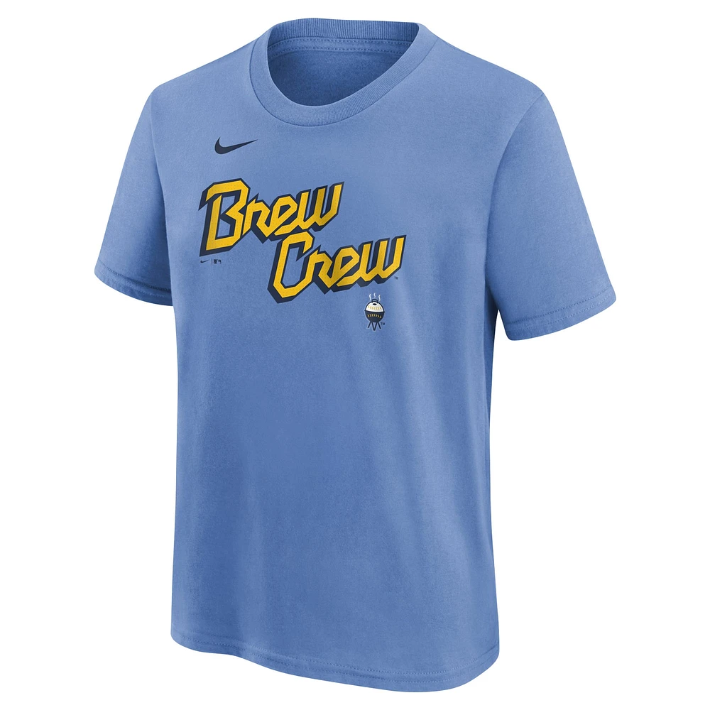 Youth Nike Christian Yelich Powder Blue Milwaukee Brewers Fuse City Connect Name & Number T-Shirt