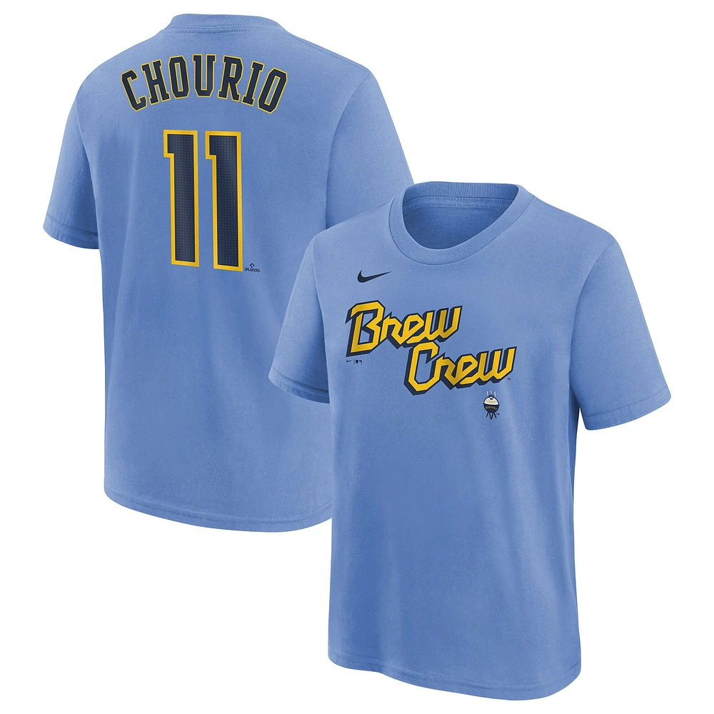 T-shirt Nike Jackson Chourio pour jeune, bleu poudre, Milwaukee Brewers City Connect, nom et numéro du joueur