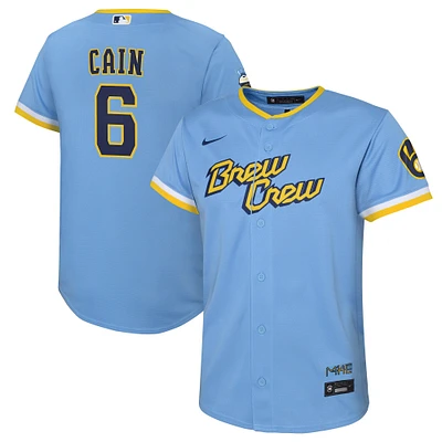 Maillot de joueur réplique Nike Lorenzo Cain pour jeunes Milwaukee Brewers City Connect bleu poudre