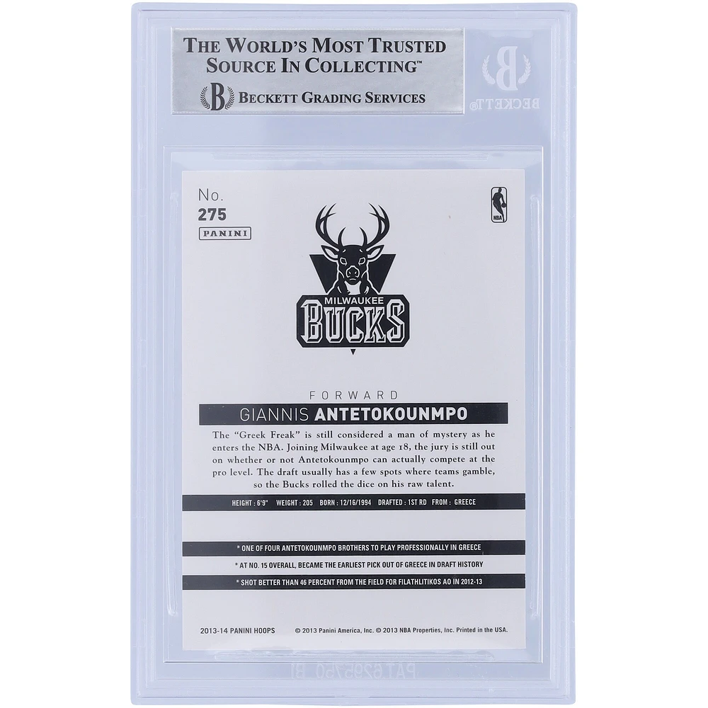 Carte de recrue authentifiée autographiée par Giannis Antetokounmpo Milwaukee Bucks 2013-14 Panini Hoops #275 Beckett Fanatics Witnessed