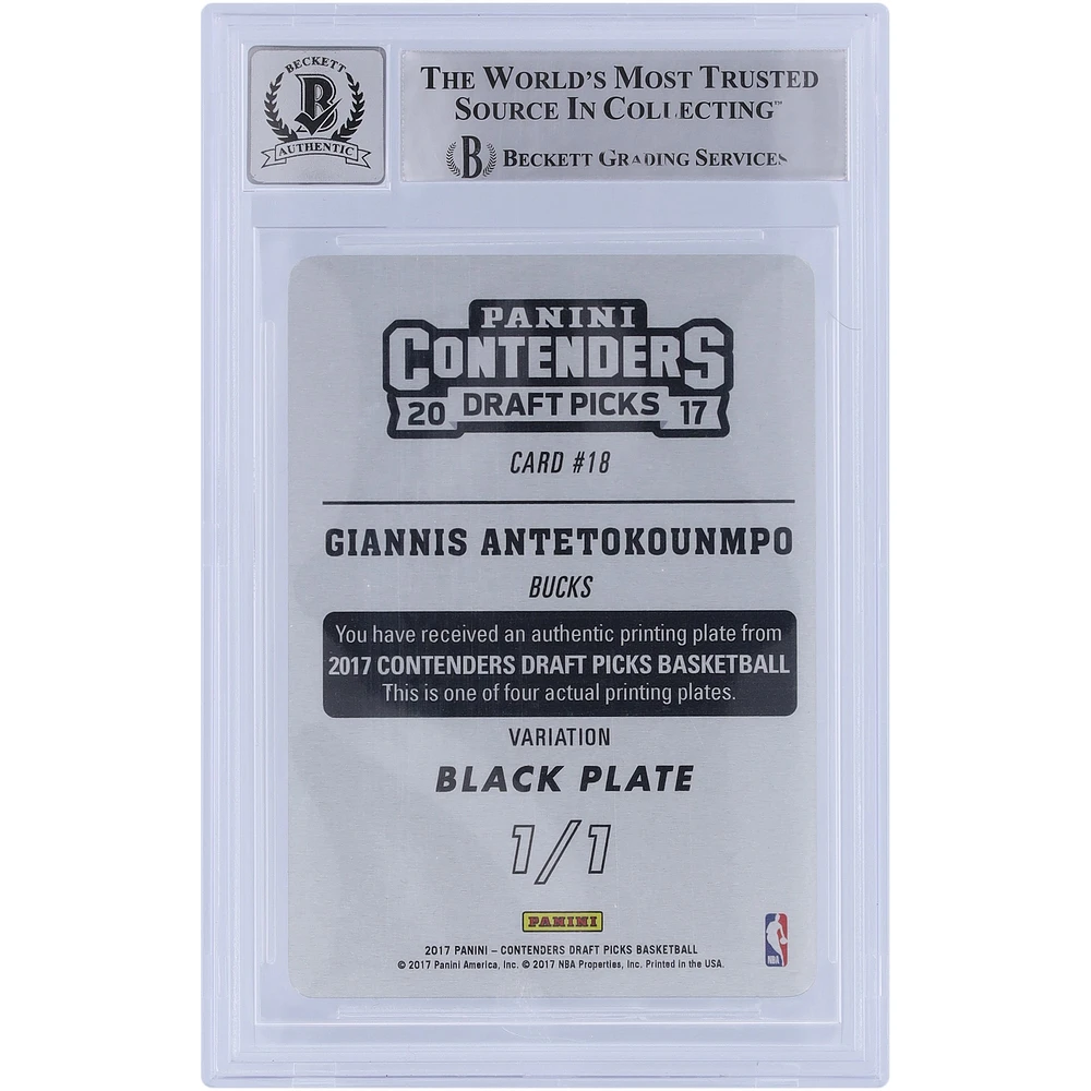 Giannis Antetokounmpo Milwaukee Bucks Autographié 2017-18 Panini Contenders Optic Draft Picks Plaque d'impression noire #18 #1/1 Beckett Fanatics Witnessed Authenticated 10 Card