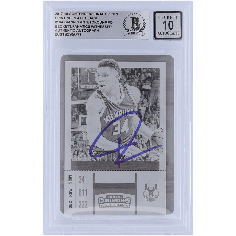 Giannis Antetokounmpo Milwaukee Bucks Autographié 2017-18 Panini Contenders Optic Draft Picks Plaque d'impression noire #18 #1/1 Beckett Fanatics Witnessed Authenticated 10 Card