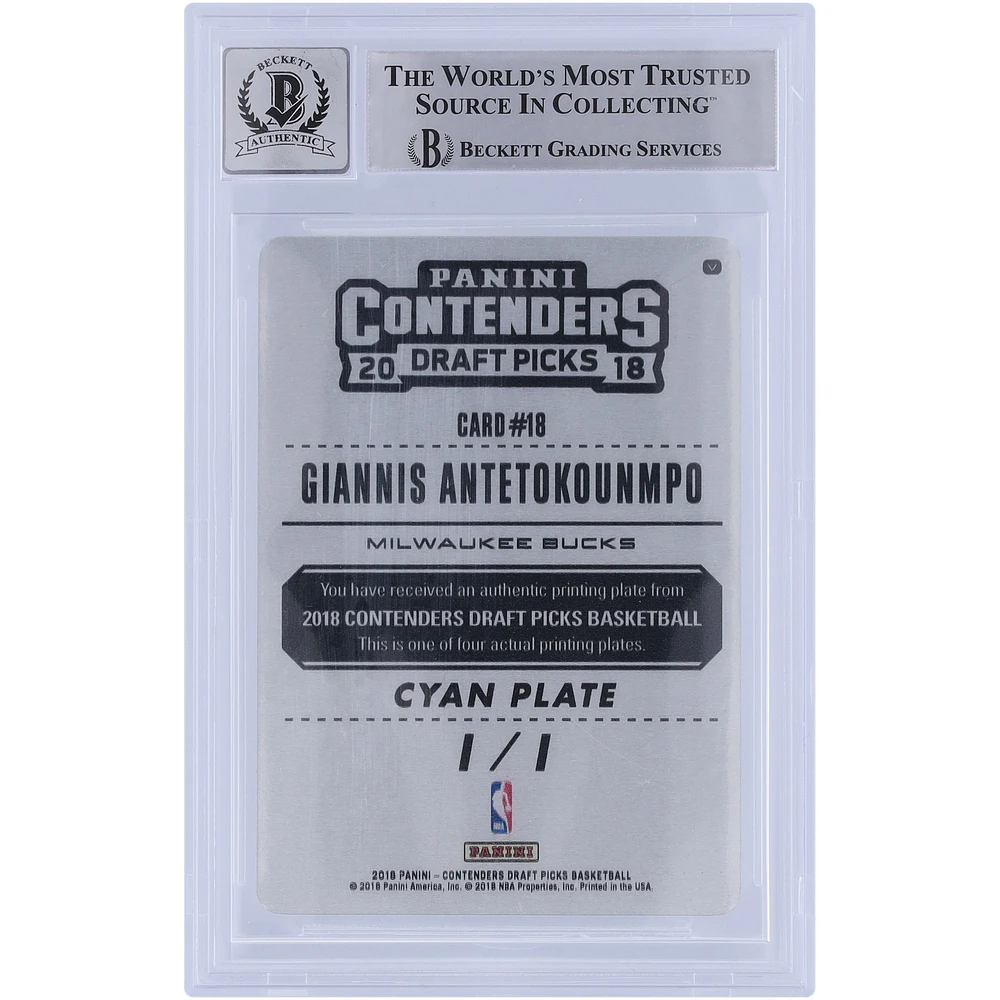 Giannis Antetokounmpo Milwaukee Bucks Autographed 2018-19 Panini Contenders Optic Draft Picks Variations Cyan Printing Plate #18 #1/1 Beckett Fanatics Witnessed Authenticated 10 Card 