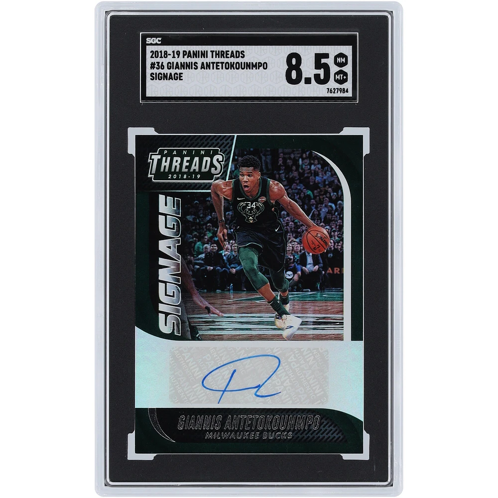 Carte 8,5 authentifiée SGC autographiée par Giannis Antetokounmpo Milwaukee Bucks 2018-19 Panini Threads Signage #36