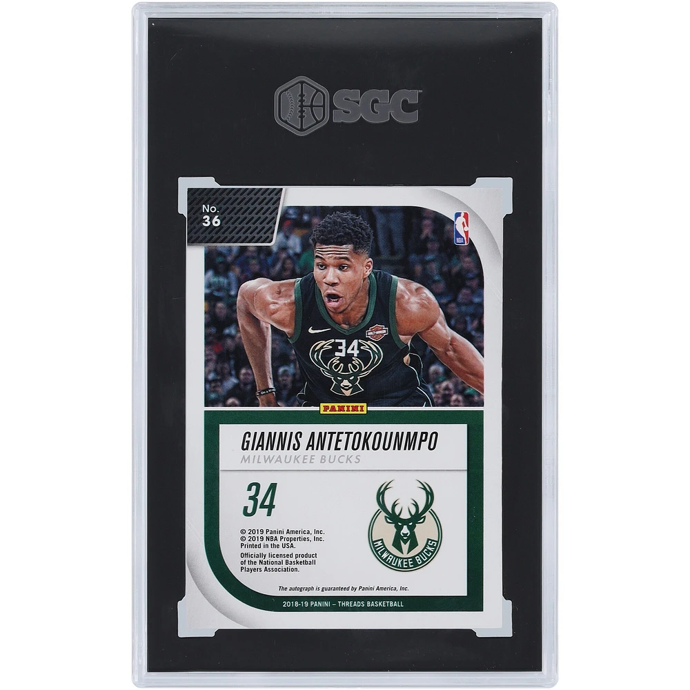 Carte 8,5 authentifiée SGC autographiée par Giannis Antetokounmpo Milwaukee Bucks 2018-19 Panini Threads Signage #36