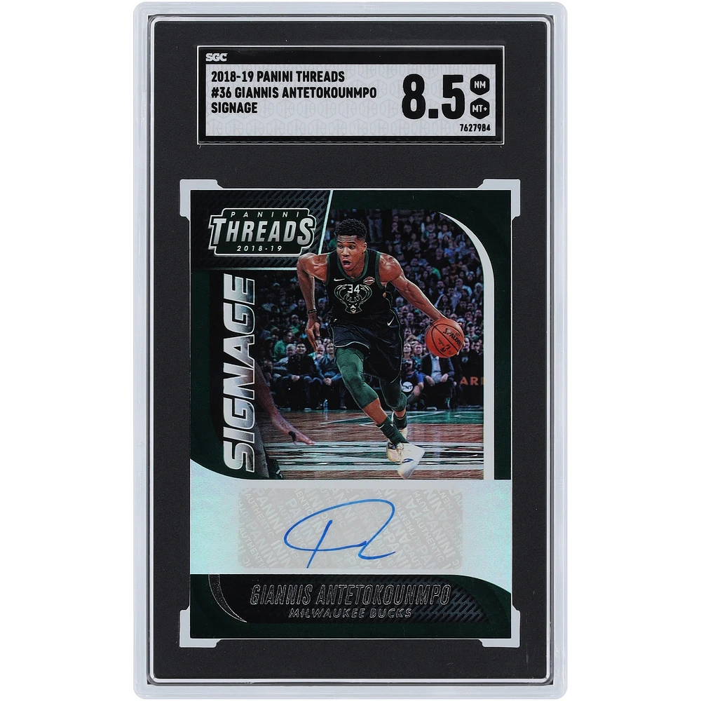 Carte 8,5 authentifiée SGC autographiée par Giannis Antetokounmpo Milwaukee Bucks 2018-19 Panini Threads Signage #36